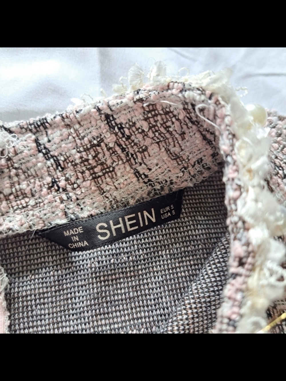 Pink Houndstooth Tweed Mini Dress Pearl Lace Trim Small - Picture 6 of 9